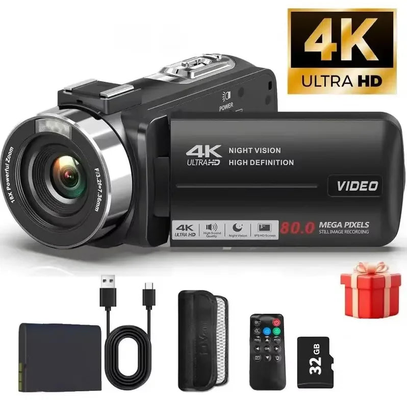 Caméscope 4K SKIG – Écran IPS 3" Rotatif 270°, Vision Nocturne IR, Zoom 18x, Carte SD Incluse