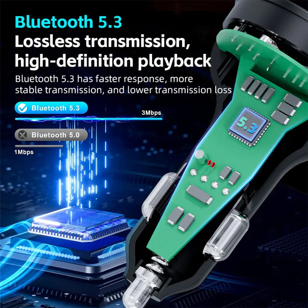 Émetteur FM Voiture Bluetooth 5.3 – Charge USB+Type-C Mains Libres Lecteur MP3 Lumières Ambiance 12-24V – CLEVI Paris