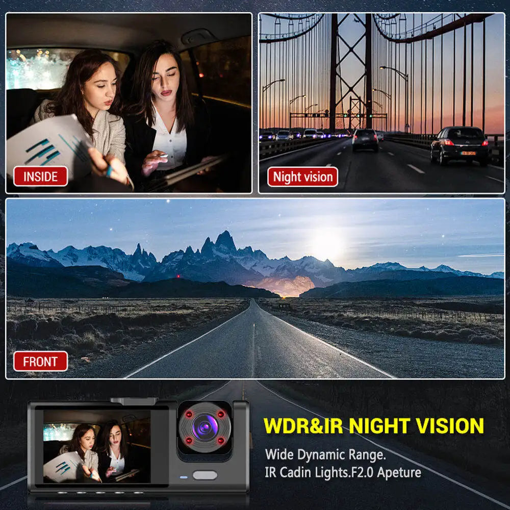 Dashcam 3 Objectifs 1080p – Écran IPS 2", Vision Nocturne IR, G-Sensor, Rétroviseur Intégré – CLEVI Paris