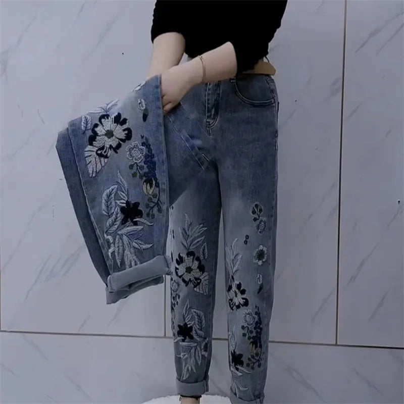 Jean Harem Femme Brodé Loose Denim Casual All-Match Automne Hiver – CLEVI Paris