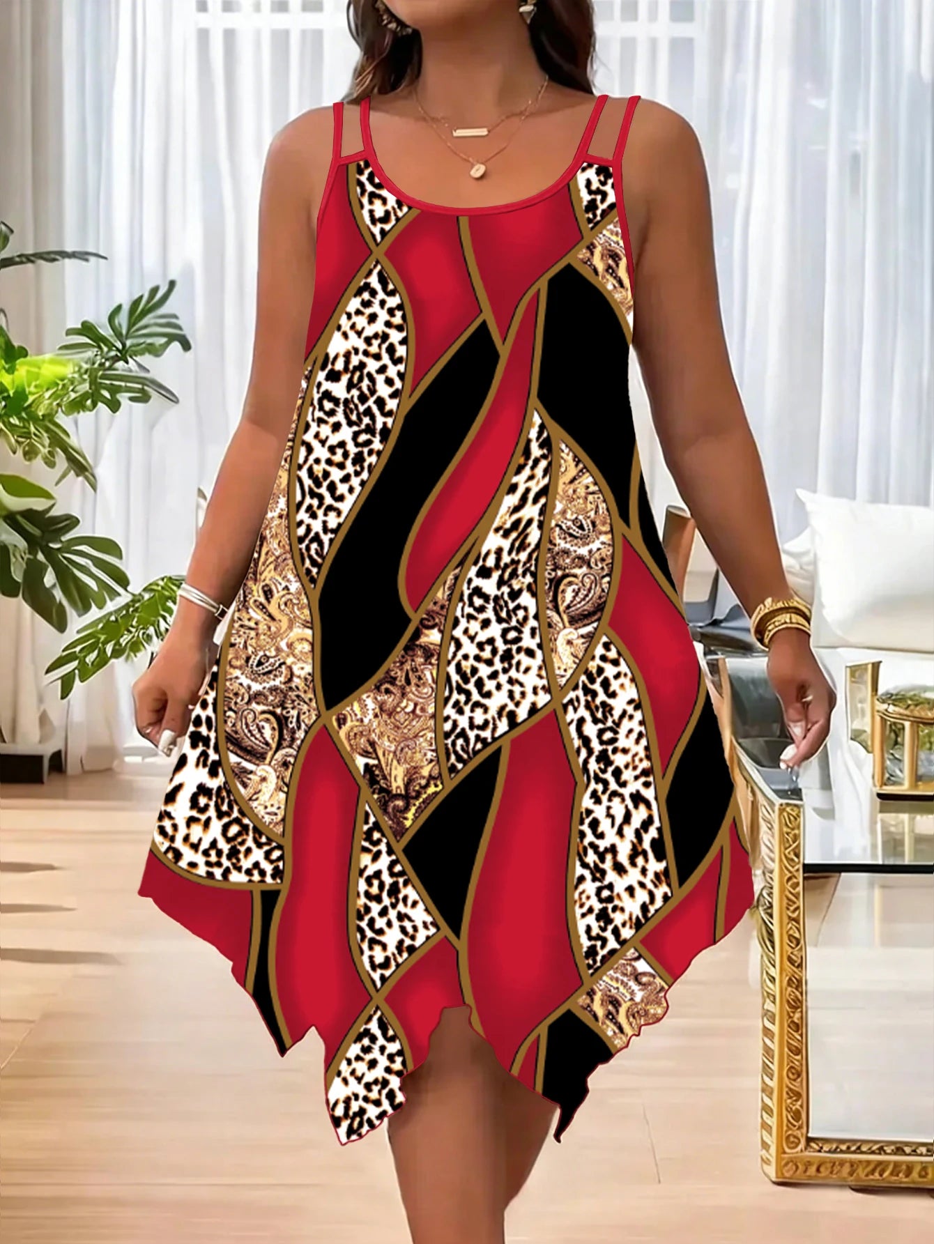 Robe Femme Grande Taille Imprimé Rayures Géométriques Asymmétriques Double Bretelles Casual – CLEVI Paris