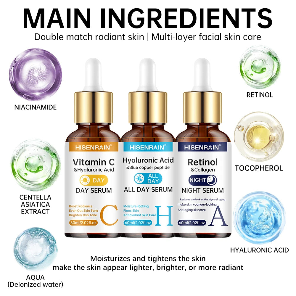 Sérum Visage HISENRAIN | Vitamine C + Rétinol + Acide Hyaluronique | Anti-Âge & Éclat | Certifié CPNP – CLEVI Paris