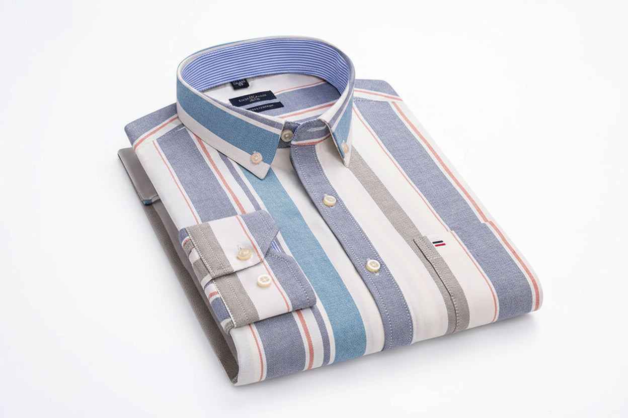 Chemise Oxford Homme Manches Longues Rayée Casual 100% Coton – Tailles 38-47 – CLEVI Paris