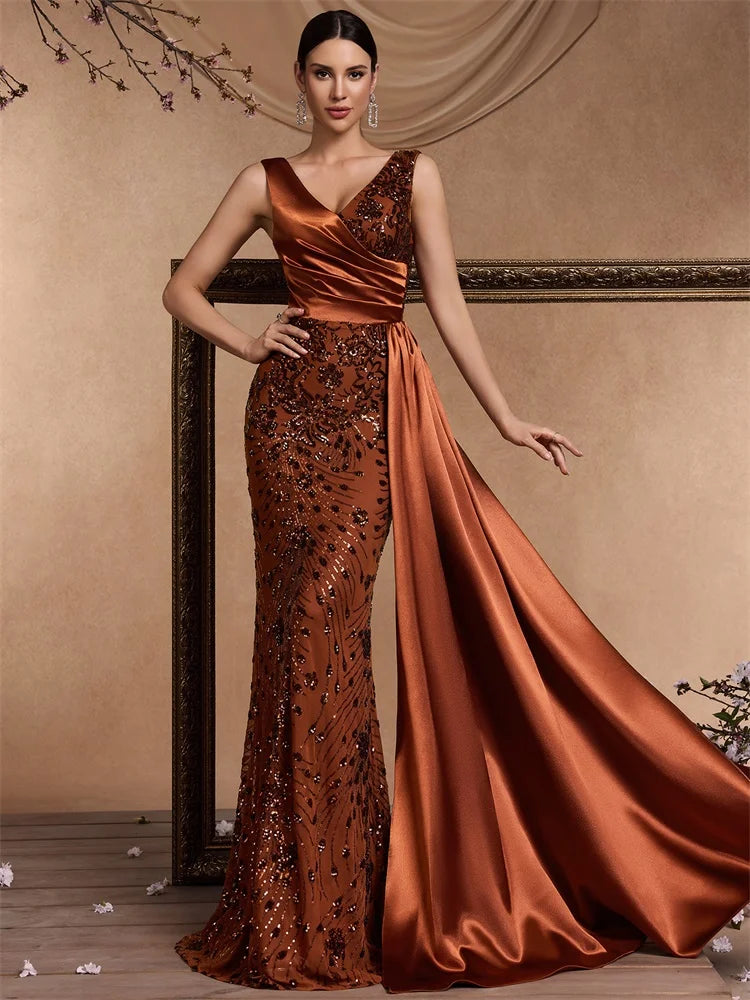 Robe sirène à paillettes avec col V – CLEVI Paris