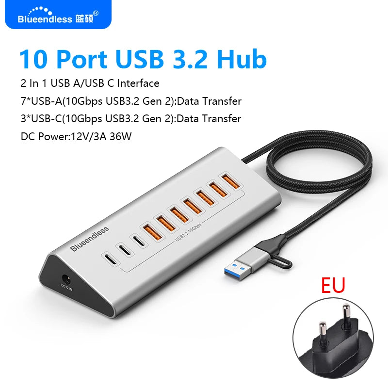 Hub USB-C Aluminium Blueendless 10Gbps 7 ou 10 Ports USB 3.2 Gen2 – CLEVI Paris