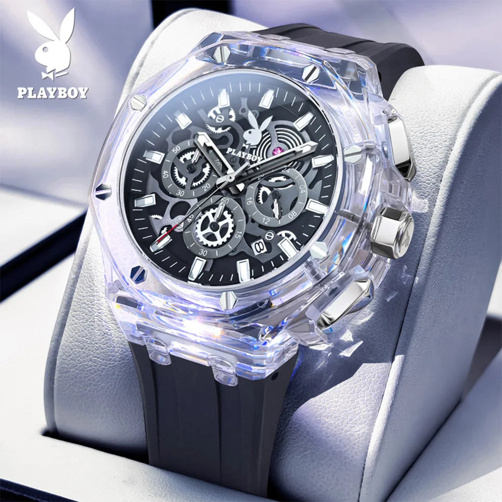 Montre Homme PLAYBOY 3082 – Squelette Quartz, Chronographe, Bracelet Silicone, Étanche 3 ATM – CLEVI Paris