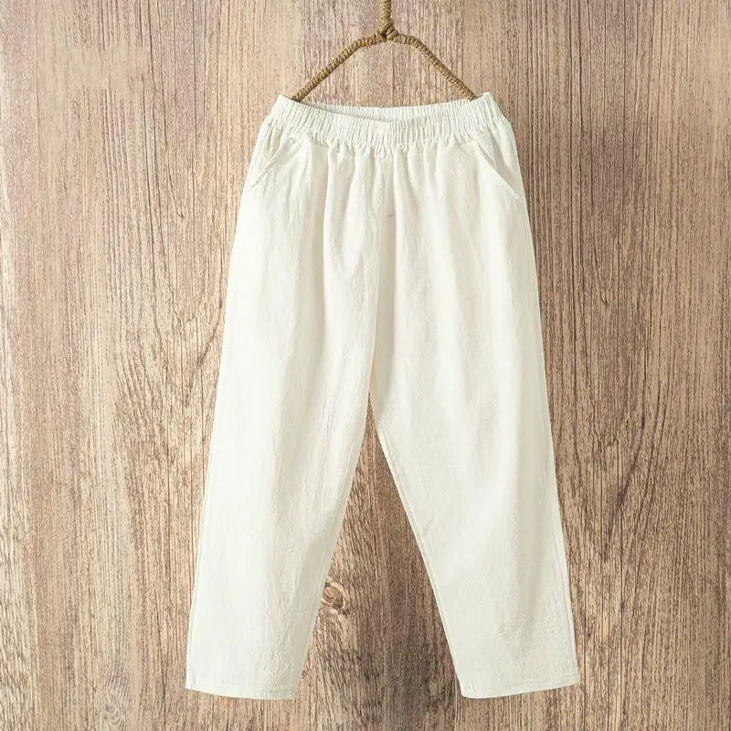 Sarouel Femme Coton Lin Casual Loose Taille Élastique Été – CLEVI Paris