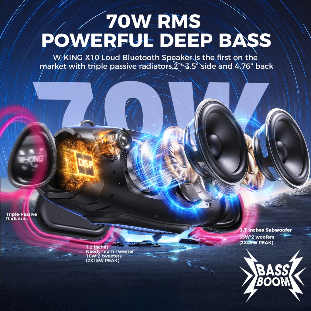 Enceinte Bluetooth 70W RMS – IPX6, 42h, Micro Sans Fil, Karaoké, Power Bank | W-KING X10MIC