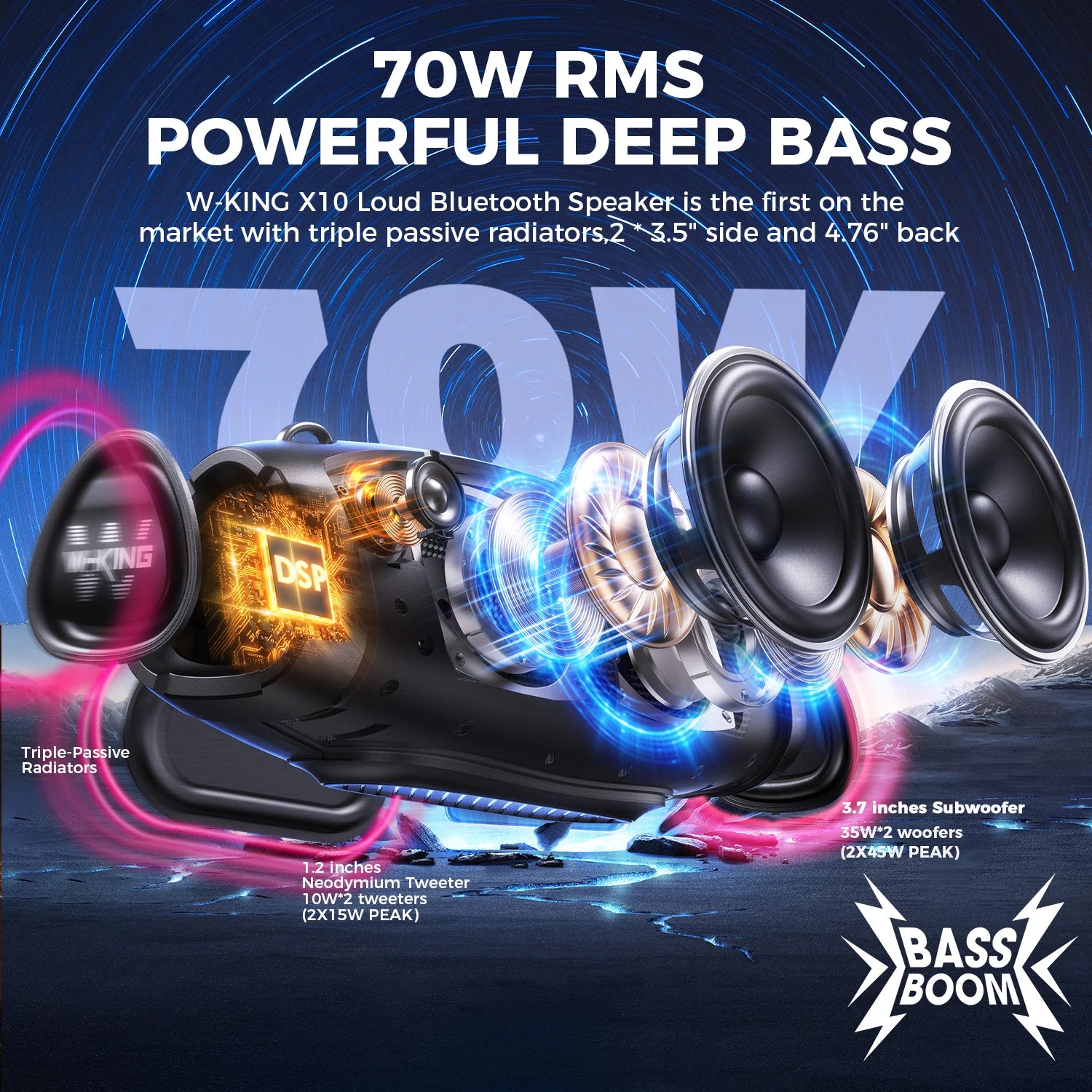 Enceinte Bluetooth 70W RMS – IPX6, 42h, Micro Sans Fil, Karaoké, Power Bank | W-KING X10MIC