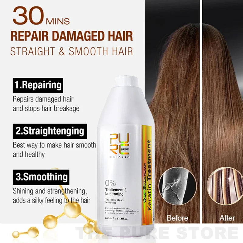 Traitement Kératine PURC 1000ml – Lissage Brésilien Professionnel, Cheveux Bouclés & Frisant