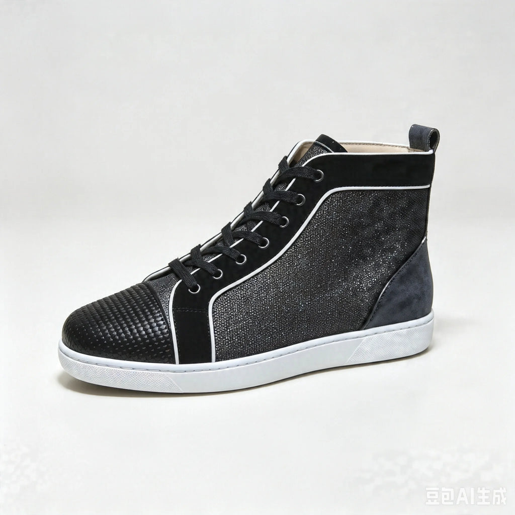 Sneakers Montantes Cuir Véritable Noir Pailleté Semelle Rouge Homme – Tailles 35-48 – CLEVI Paris