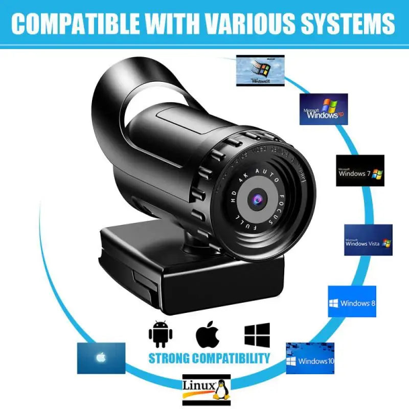Webcam USB 4K Autofocus – Micro Intégré, Trépied Inclus, Plug & Play, Streaming & Conférence