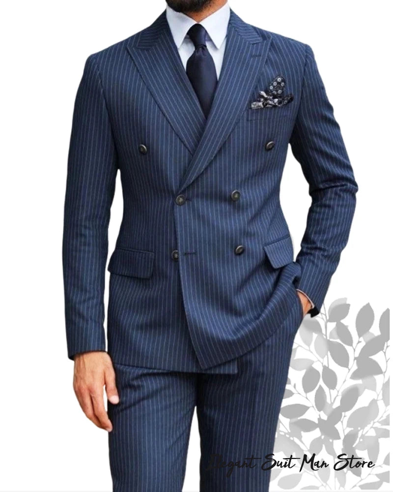 Costume 2 Pièces Homme Rayures Double Boutonnage – Blazer Slim + Pantalon | Business & Mariage | XXS-7XL
