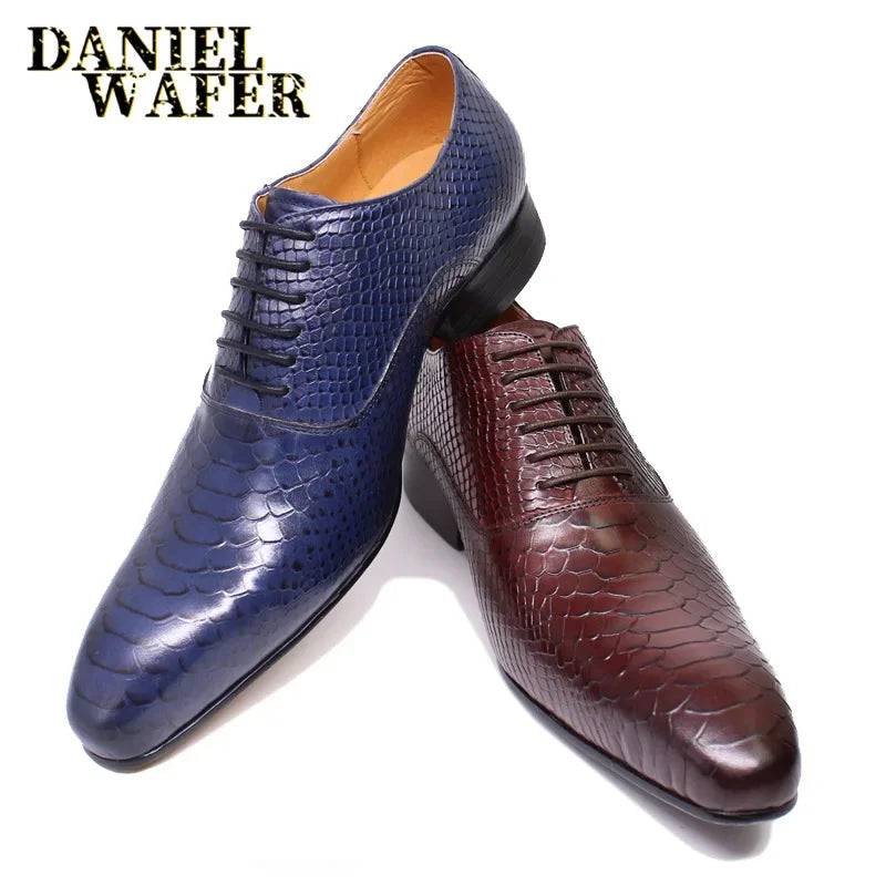 Oxford Homme Cuir Imprimé Serpent Bout Pointu Lacets Business Mariage 4 Coloris – CLEVI Paris