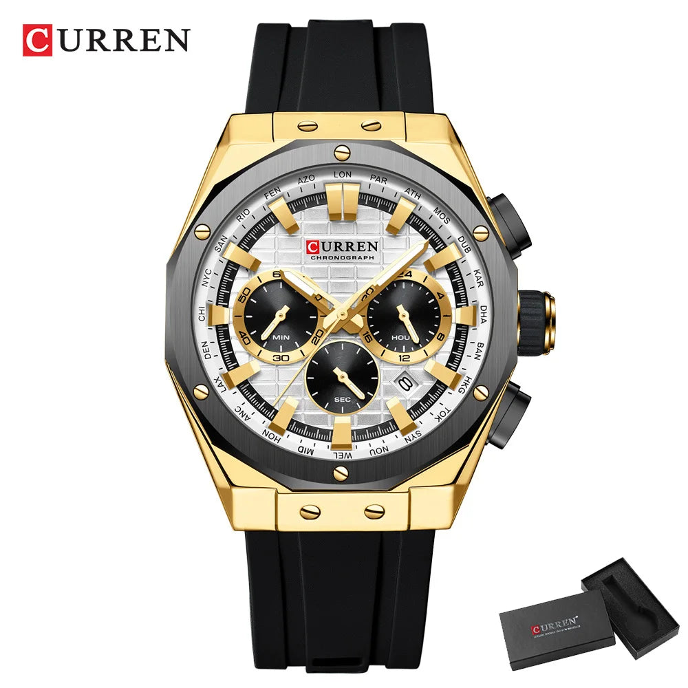 Montre Quartz Homme CURREN 8464 – Chronographe Lumineux, Silicone & Écrin | 10 Coloris