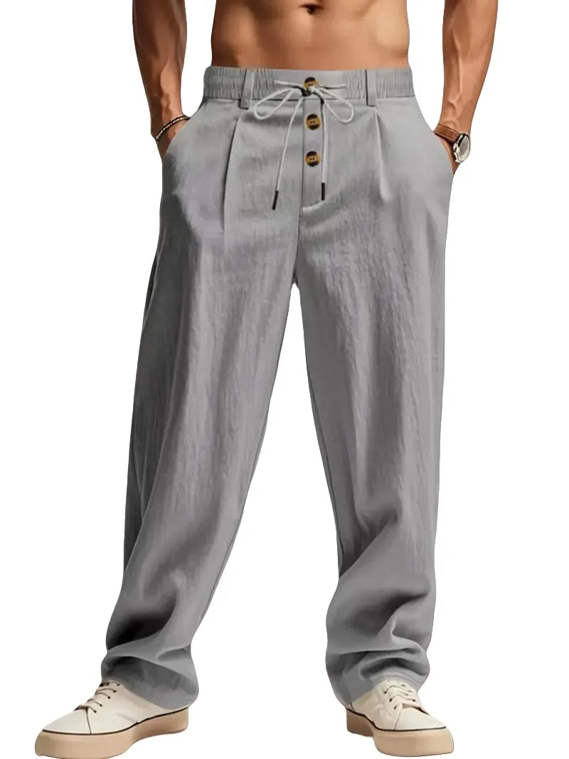 Pantalon Homme Lin Coupe Droite Loose Casual Sport Plage Cordon Taille Mi-Haute – CLEVI Paris