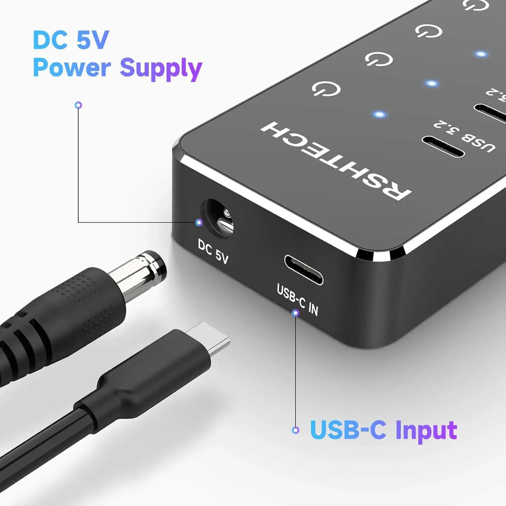 Hub USB-C 7 Ports 10Gbps RSHTECH Alimenté Interrupteurs Tactiles – CLEVI Paris