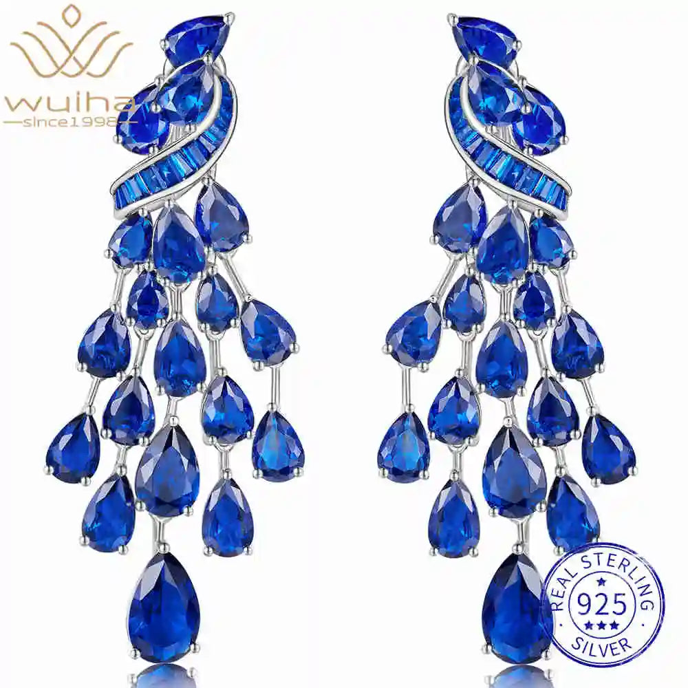Boucles d'Oreilles Pendantes Saphir Lab | Diamant Haute Carbone Argent 925 Mariage – CLEVI Paris