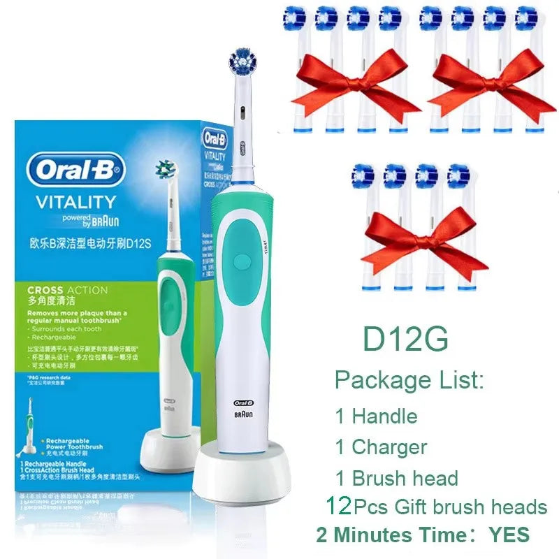 Brosse à Dents Électrique Oral-B Vitality D12 – Rotation 3D, Têtes FlexiSoft, IPX7, 7 Jours d'Autonomie – Têtes Offertes