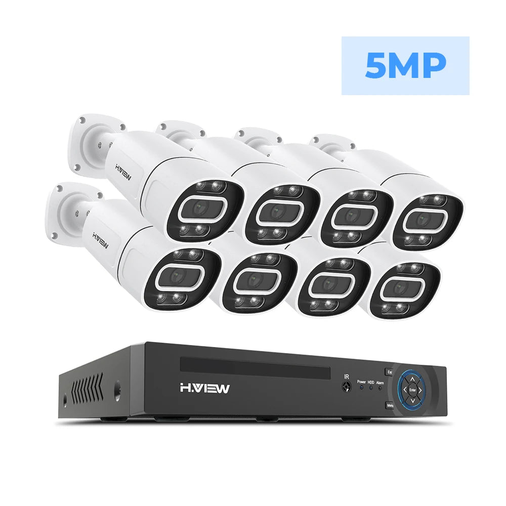 Kit Vidéosurveillance POE H.View 4K – Caméras 5MP/8MP, NVR 8CH H.265, Détection de Personnes, Vision Nocturne Couleur, Audio Bidirectionnel