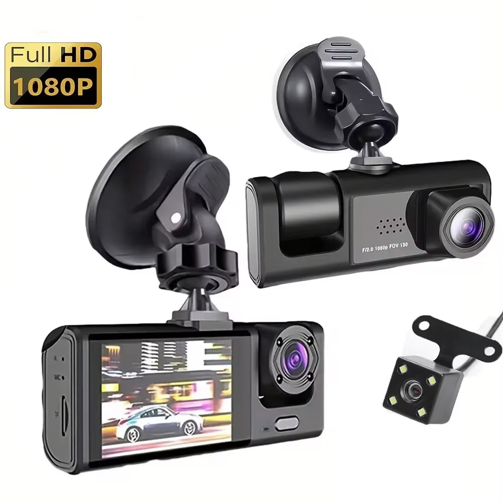 Dashcam 3 Objectifs 1080p – Écran IPS 2", Vision Nocturne IR, G-Sensor, Rétroviseur Intégré – CLEVI Paris