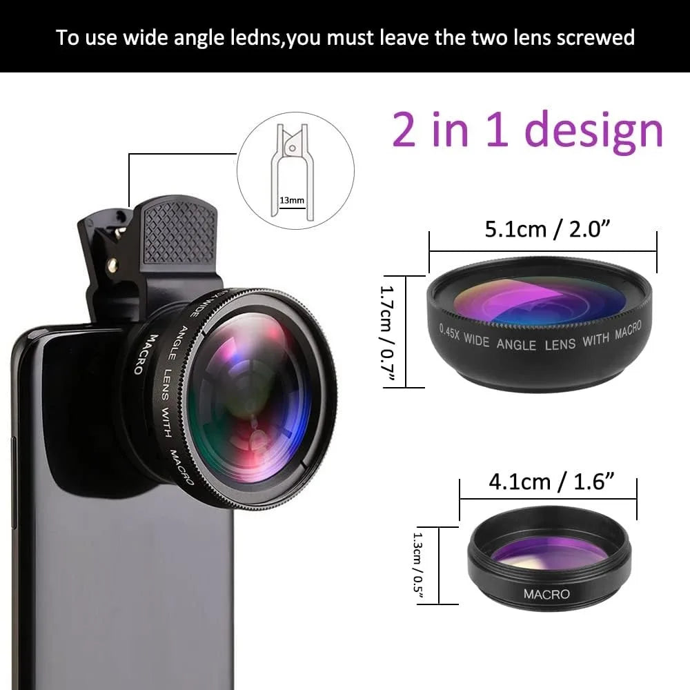 Kit Objectifs 2-en-1 Smartphone – Grand Angle 0,45x & Macro, Clip Universel, Compatible iPhone & Android – CLEVI Paris