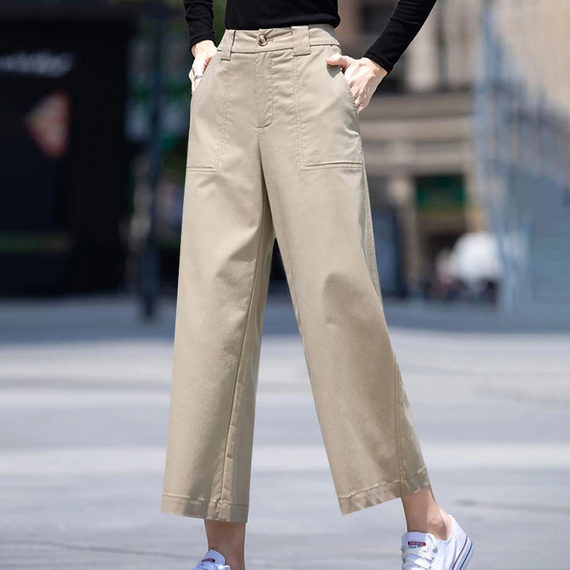 Pantalon Femme Taille Haute Jambe Large Uni Poches Style Casual Toutes Saisons – CLEVI Paris