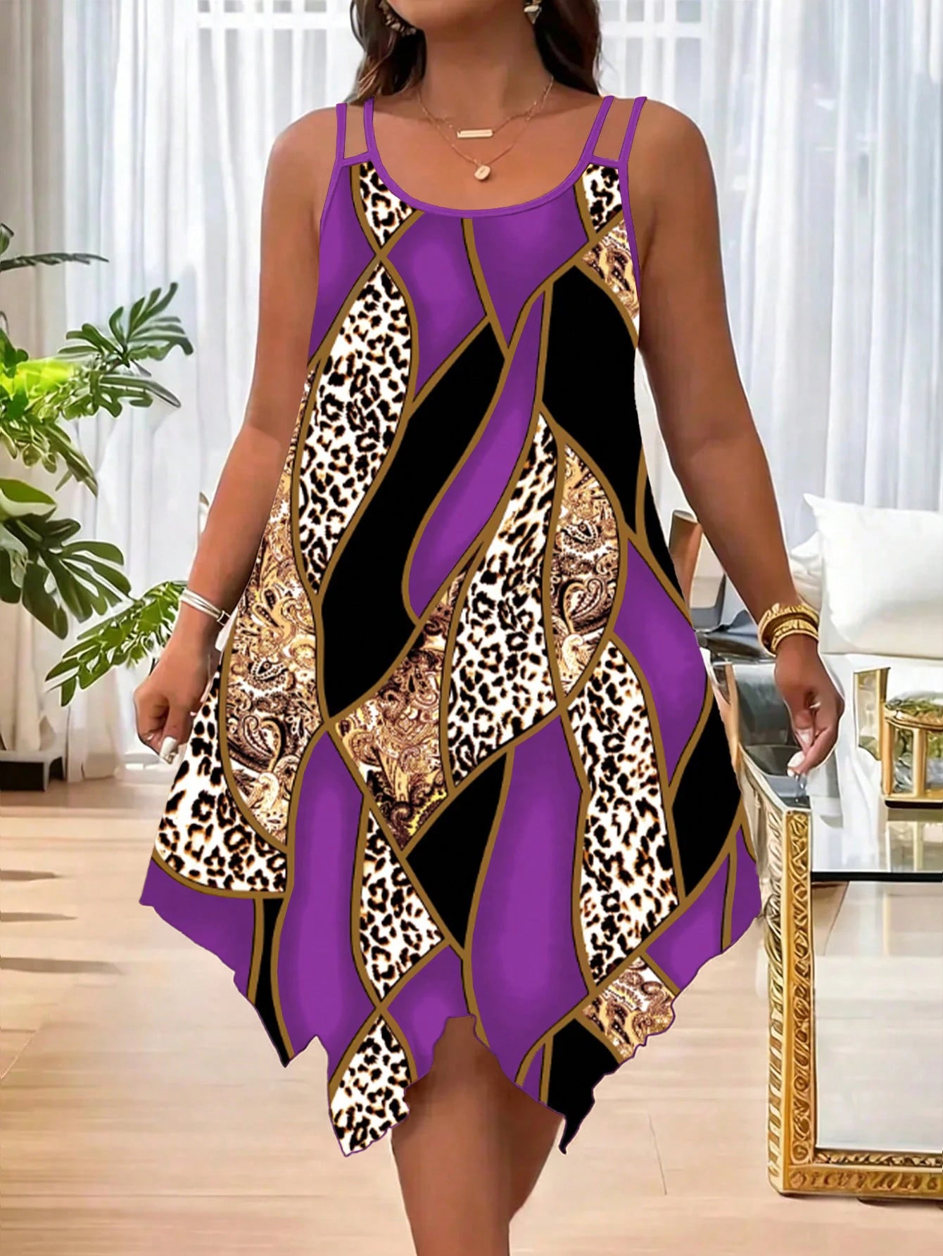 Robe Femme Grande Taille Imprimé Rayures Géométriques Asymmétriques Double Bretelles Casual – CLEVI Paris
