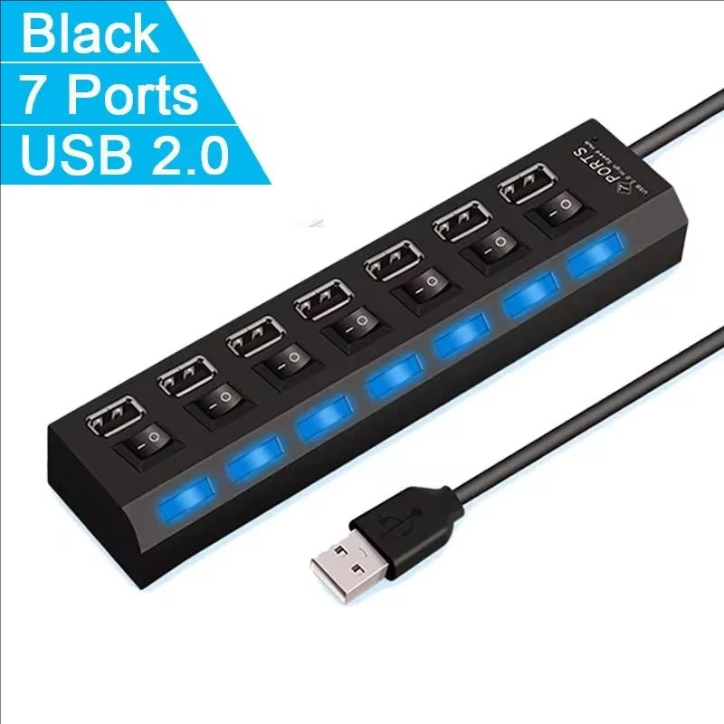 Hub USB 2.0 4 ou 7 Ports LED Interrupteurs Individuels Noir Blanc PC – CLEVI Paris