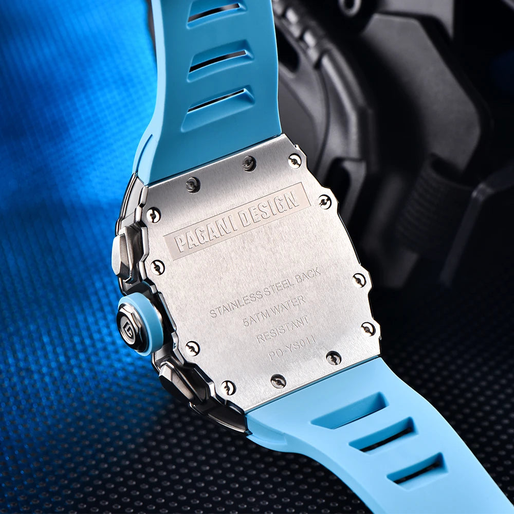 Montre PAGANI DESIGN PD-YS011 – Quartz Chronographe Racing, Verre Saphir, Acier Inoxydable Tonneau, Bracelet Silicone, Étanche 5 ATM – CLEVI Paris