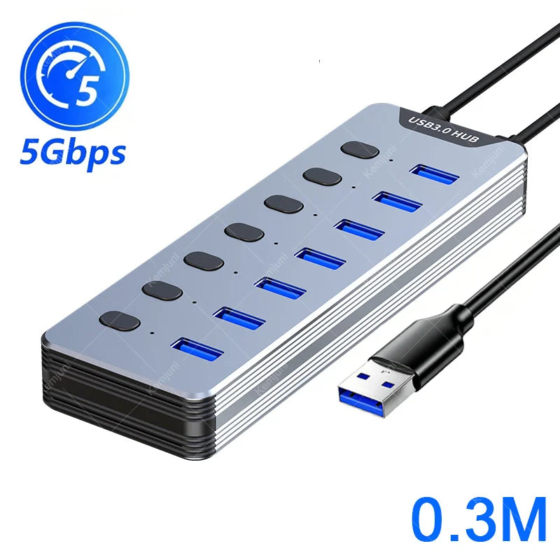 Hub USB 3.0 7 Ports Interrupteurs Individuels Alimentation 24W 5Gbps – CLEVI Paris