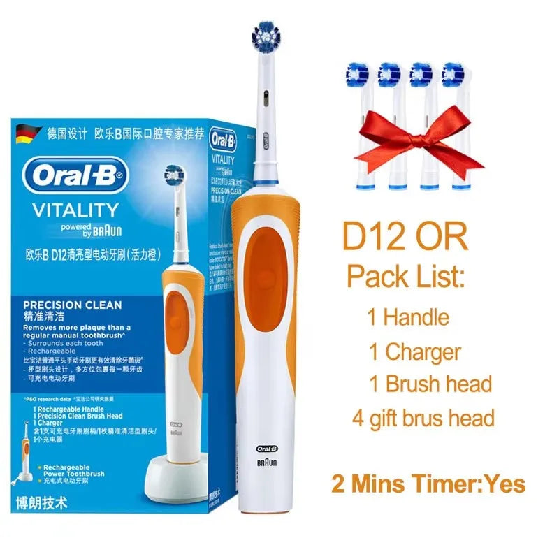 Brosse à Dents Électrique Oral-B Vitality D12 – Rotation 3D, Têtes FlexiSoft, IPX7, 7 Jours d'Autonomie – Têtes Offertes