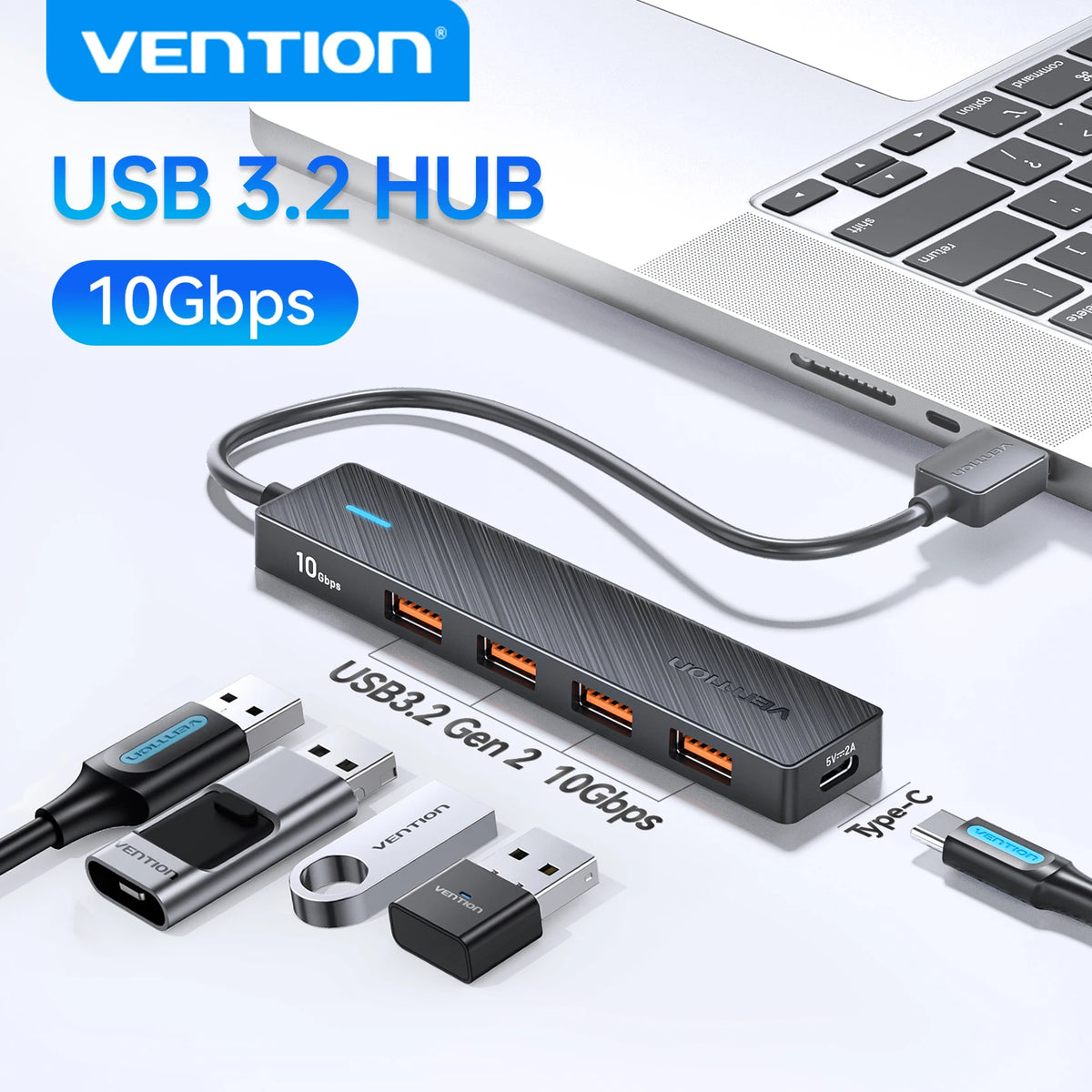 Hub USB-C 3.2 Gen2 Vention 5 Ports 10Gbps Compact MacBook iPad PC – CLEVI Paris