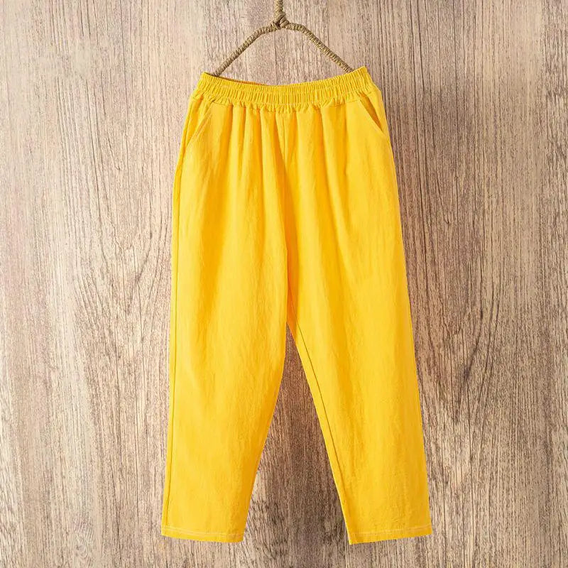 Sarouel Femme Coton Lin Casual Loose Taille Élastique Été – CLEVI Paris