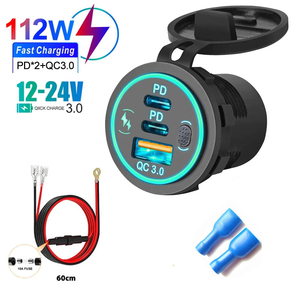 Prise Chargeur USB Voiture 78W PD3.0 QC3.0 Double Port USB-C Étanche LED 12V/24V – CLEVI Paris