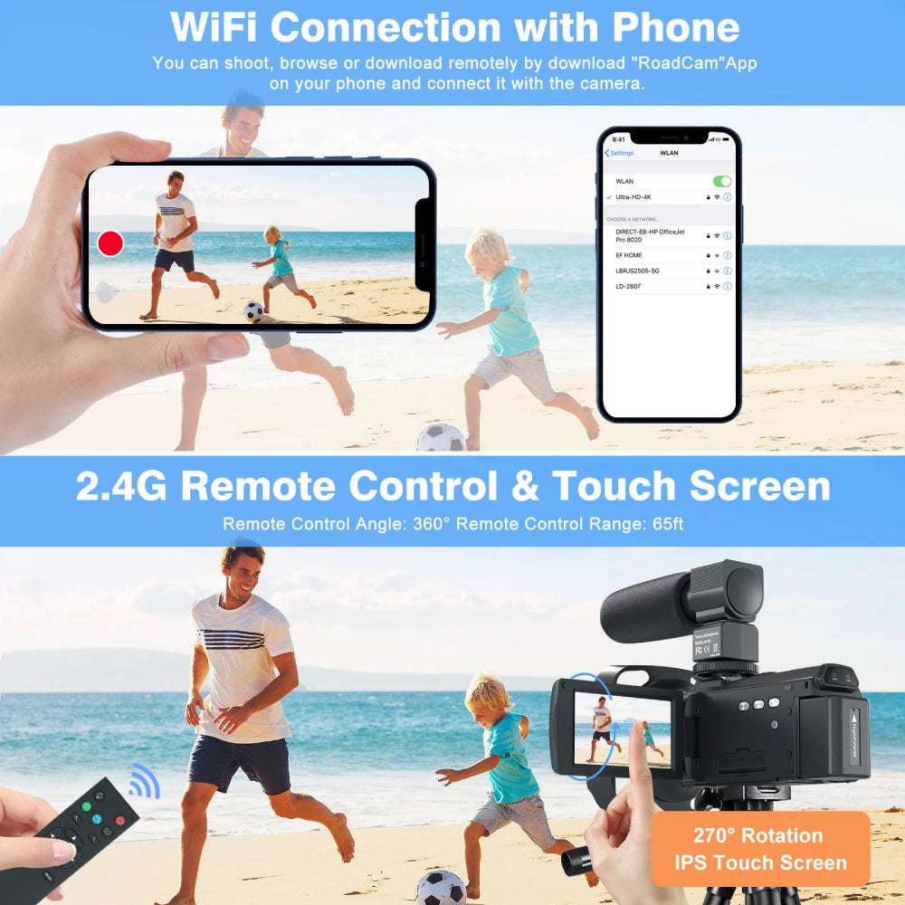 Caméscope MELCAM 4K 60fps 48MP – Vision Nocturne IR, WiFi, Écran Tactile 270°, Stabilisateur, Micro, Télécommande 2,4G – CLEVI Paris