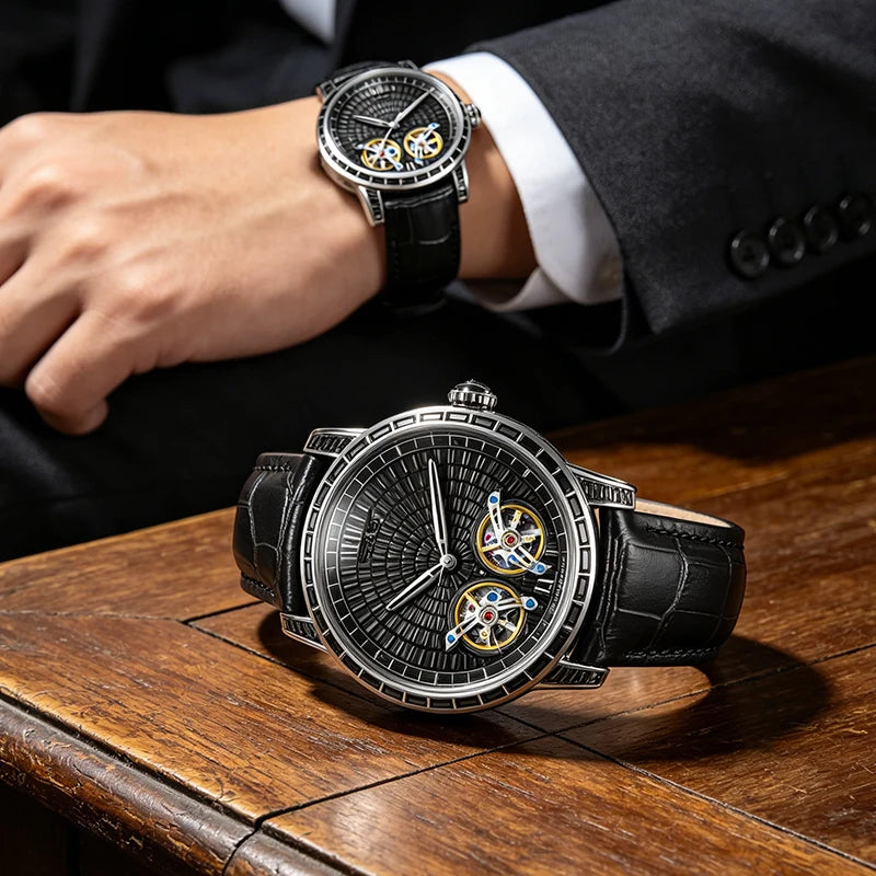 PINDU Montre Automatique Homme Double Tourbillon Saphir Acier 45mm Couronne Vissée – CLEVI Paris