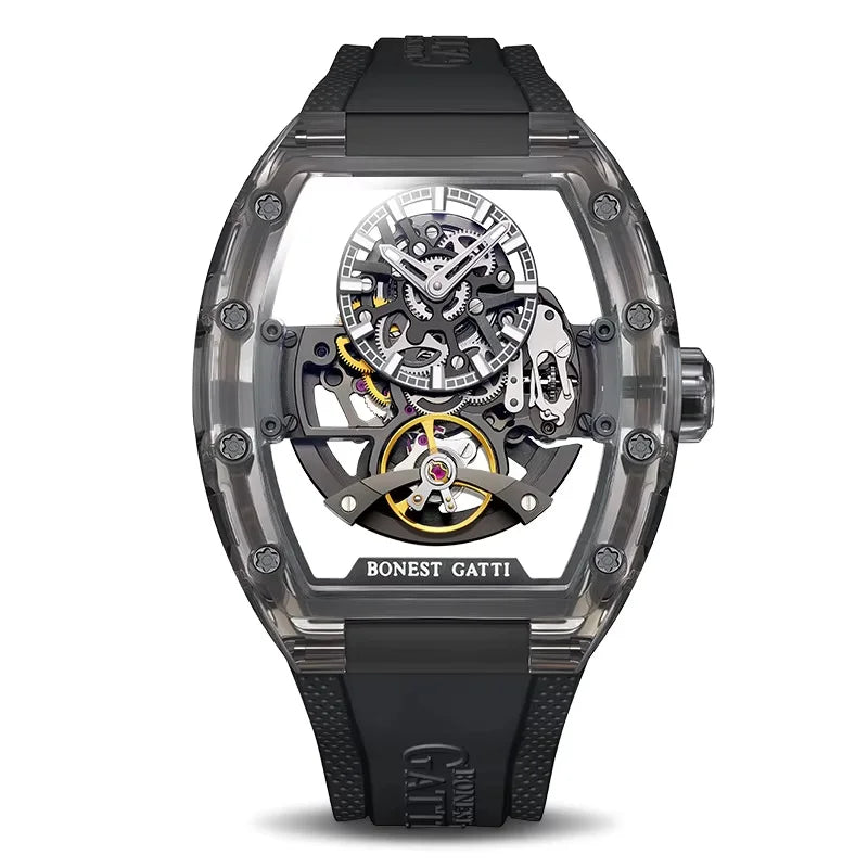 Montre Homme BONEST GATTI BG-9960 – Squelette Automatique, Verre Saphir, Bracelet Caoutchouc