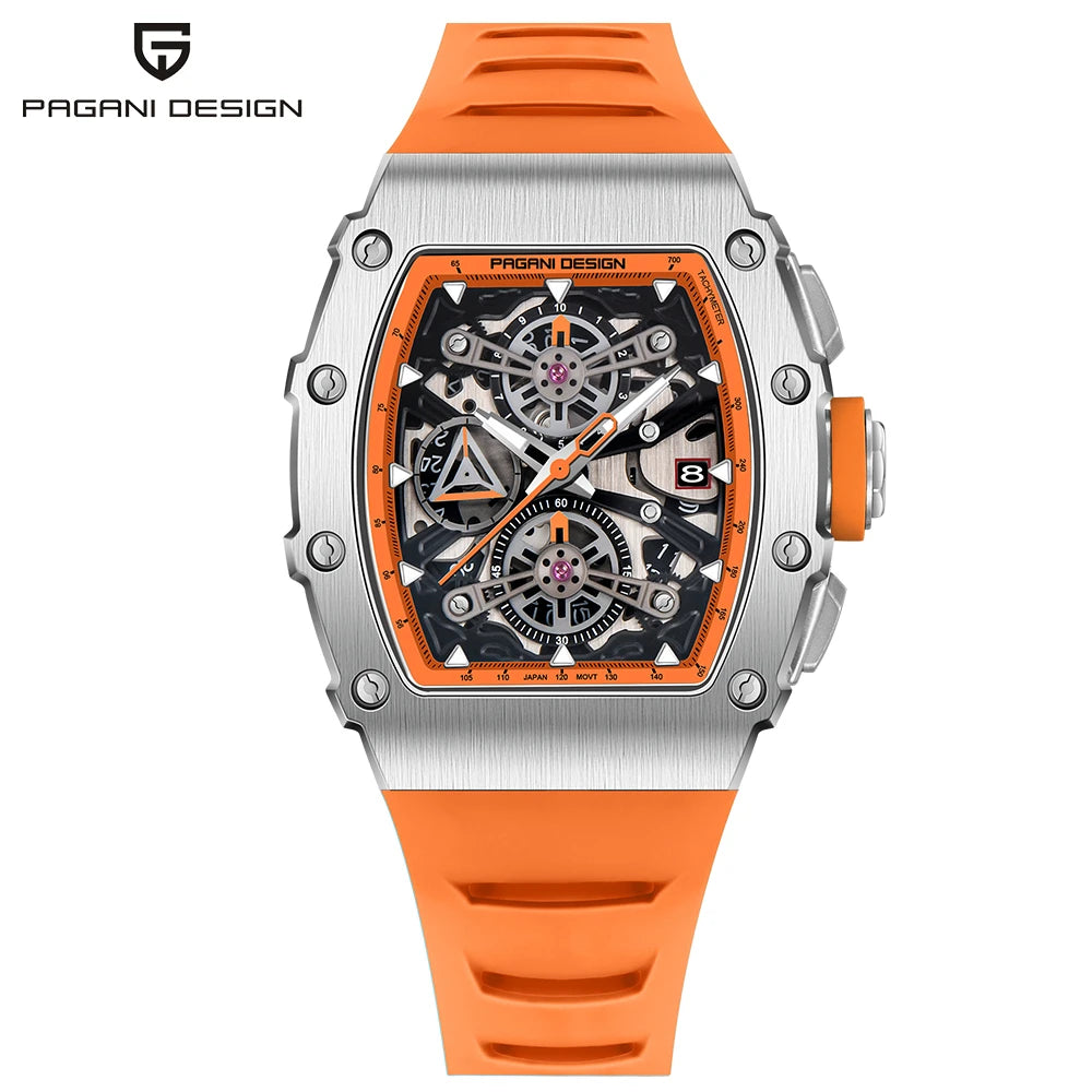 Montre PAGANI DESIGN PD-YS011 – Quartz Chronographe Racing, Verre Saphir, Acier Inoxydable Tonneau, Bracelet Silicone, Étanche 5 ATM – CLEVI Paris