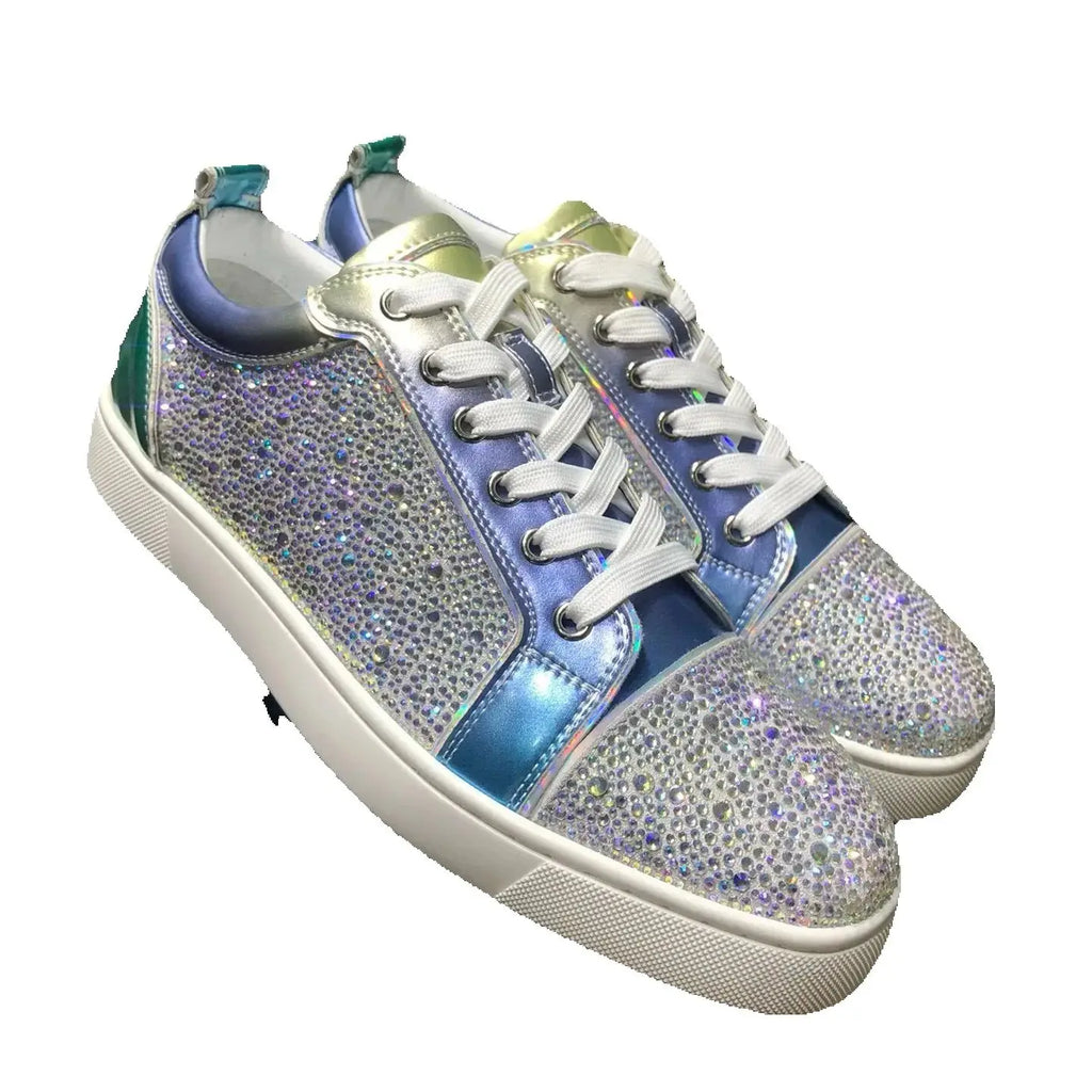 Sneakers Basses Cuir Véritable Bleu Gris Strass Argentés Rivets Semelle Rouge Homme – Tailles 35-48 – CLEVI Paris