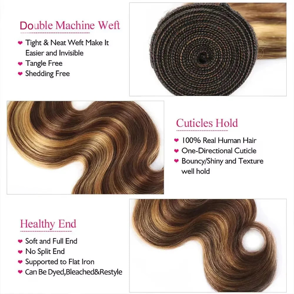 Extensions Body Wave Highlight Ombré P4/27 Brun/Blond Miel — CLEVI Paris