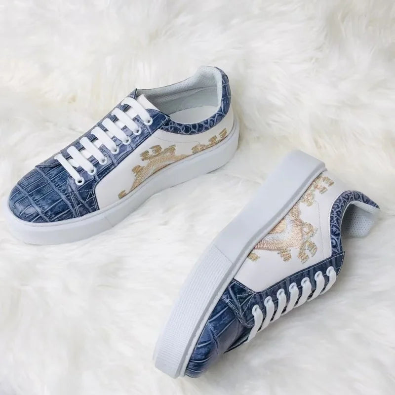 Chaussures Homme Luxe – Cuir Véritable Crocodile & Vachette, Lacets, Bicolore Blanc & Bleu | Édition Unique