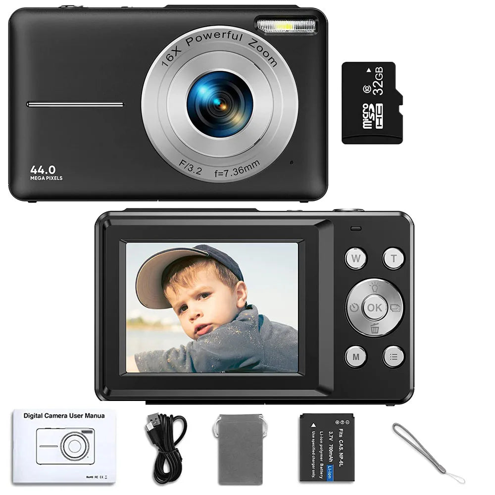 Appareil Photo Numérique Compact 44MP – Vidéo 1080P Zoom 16x Écran 2,4" Webcam Anti-Shake Enfants Débutants – CLEVI Paris