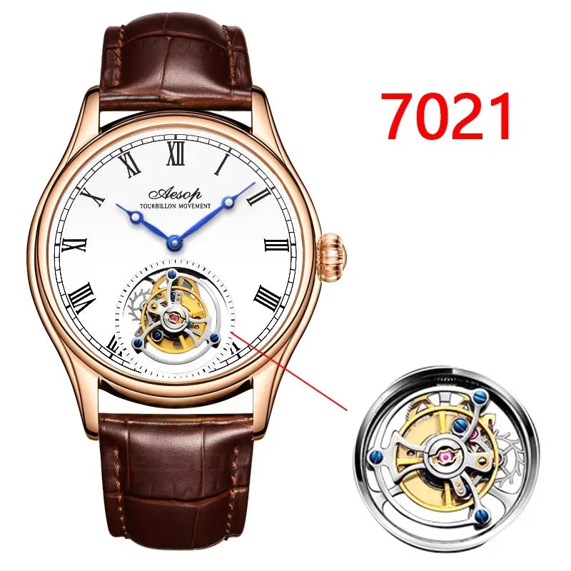 Montre AESOP Tourbillon Volant – Mécanique Squelette Double Face, Verre Saphir, Acier Inoxydable, Cuir, Étanche 5 ATM – CLEVI Paris