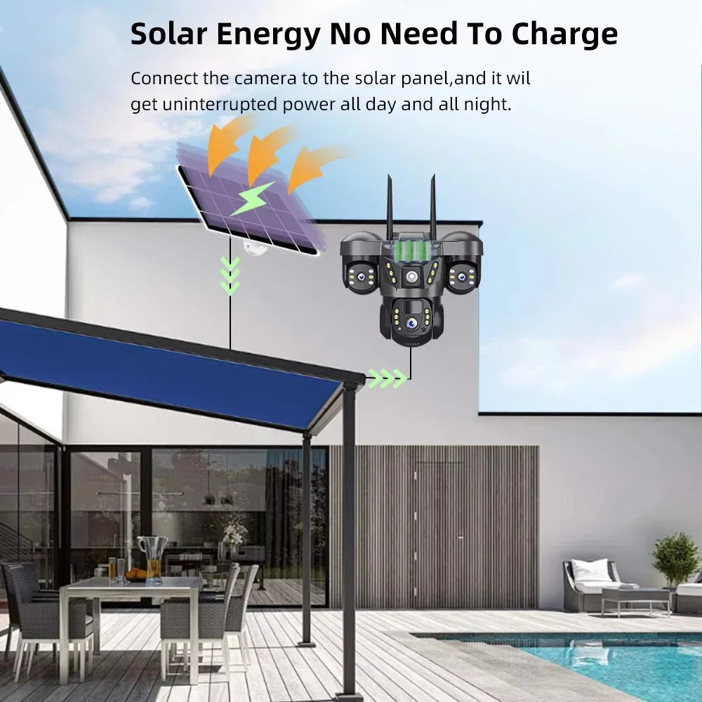 Caméra Solaire 4G Triple Objectif 15MP – Triple Écran Batterie 8000mAh Panneau 8W IP66 – CLEVI Paris