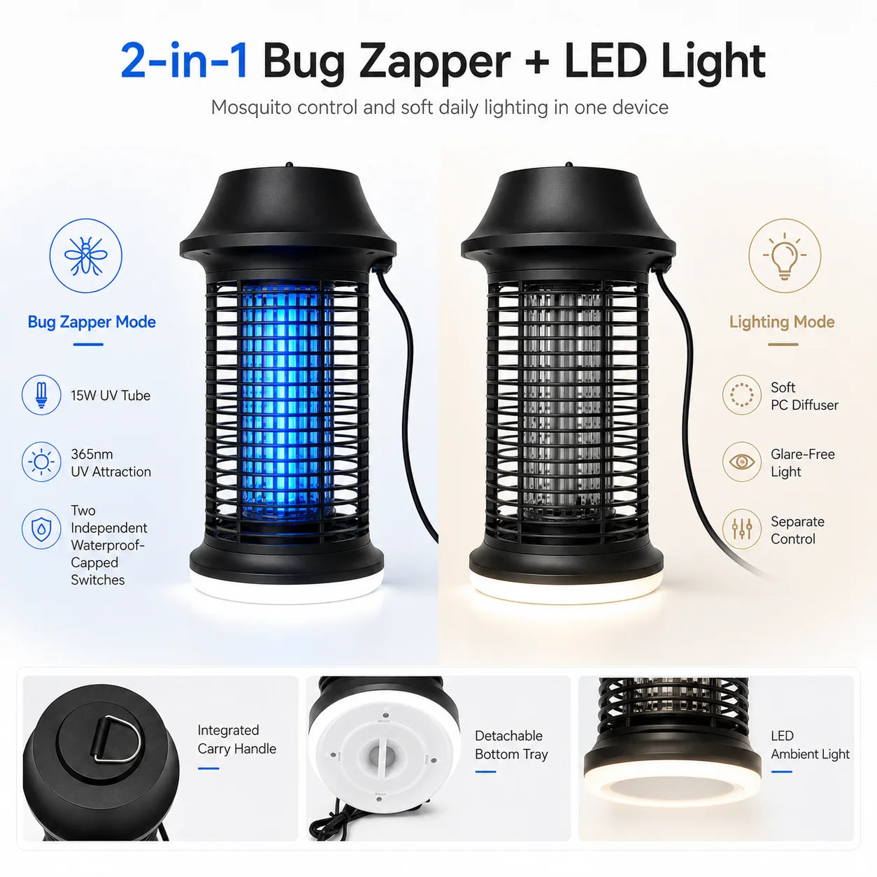 Lampe Anti-Moustiques UV 15W 2-en-1 + Lumière LED – IPX4 Étanche, 360°, Maison, Jardin & Camping