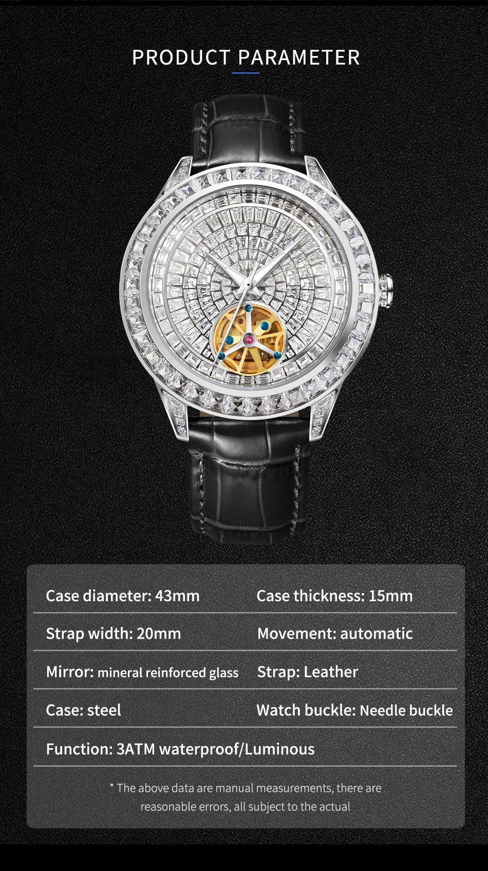 Montre HAEMMER 5037 – Tourbillon Automatique, Cadran Diamant, Bracelet Cuir, Verre Hardlex, Étanche 3 ATM – CLEVI Paris