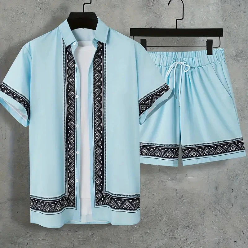 Ensemble 2 Pièces Homme Chemise Manches Courtes Col Cranté Imprimée Boutonnée + Short Cordon Style Hawaïen Beach Rétro Grande Taille – CLEVI Paris