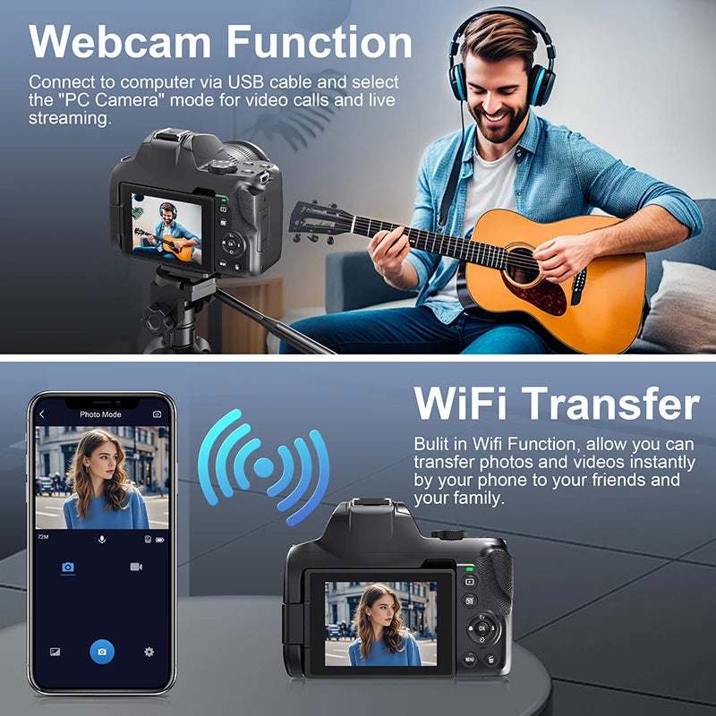 Appareil Photo Numérique Renear 4K – 72MP, Zoom 12x, Écran Rotatif, WiFi, Fill-in, Webcam, Vlogging & Live – CLEVI Paris