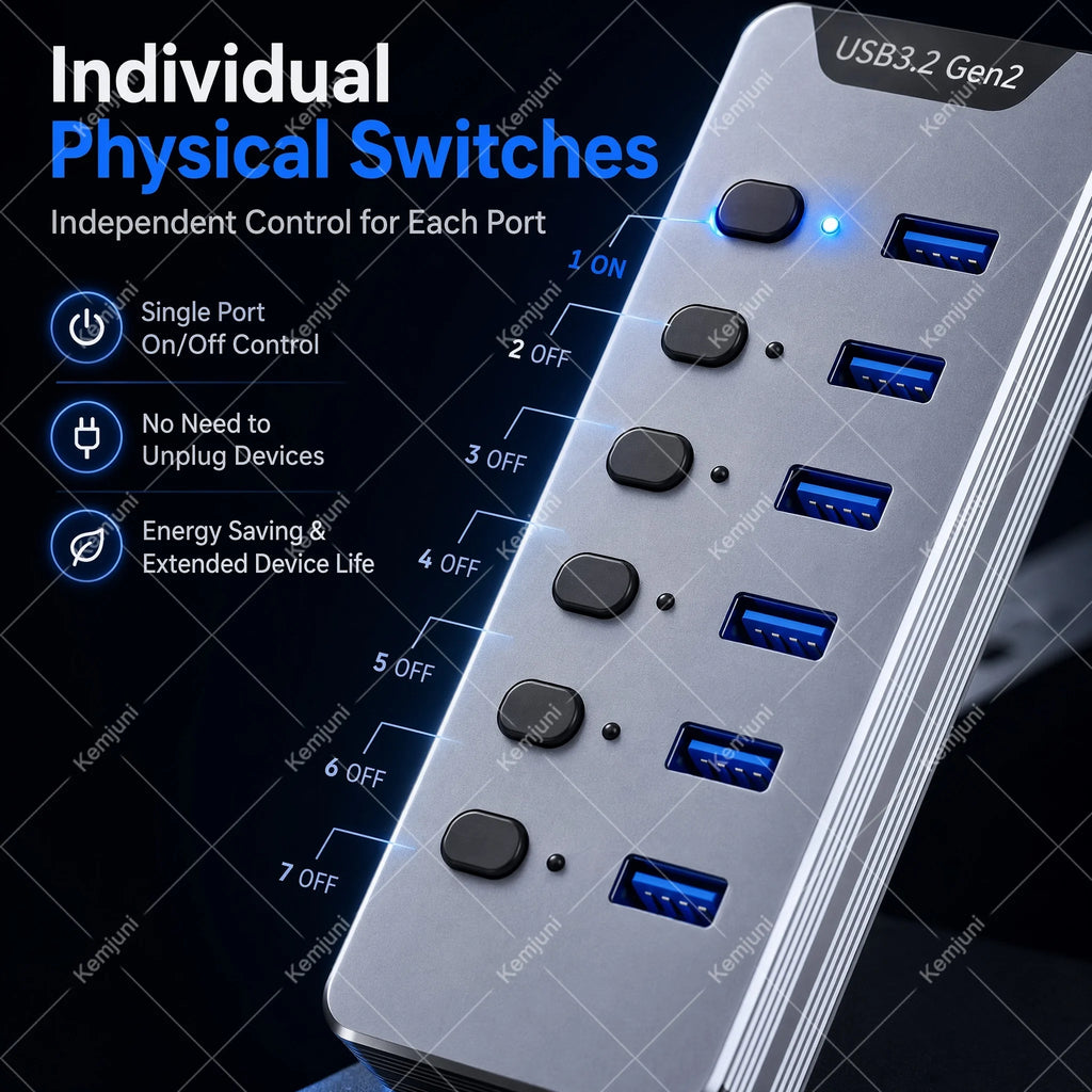 Hub USB 3.0 7 Ports Interrupteurs Individuels Alimentation 24W 5Gbps – CLEVI Paris